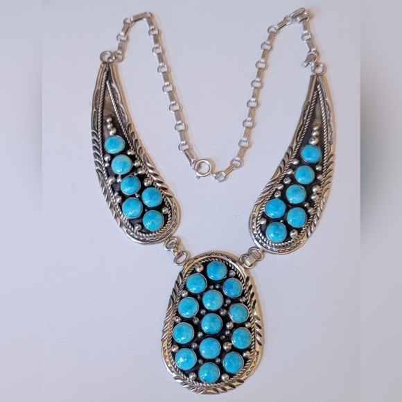 NEW CHARLES JOHNSON NATIVE AMERICAN NAVAJO STERLING SILVER TURQUOISE BIB NECKLAC - Picture 2 of 14